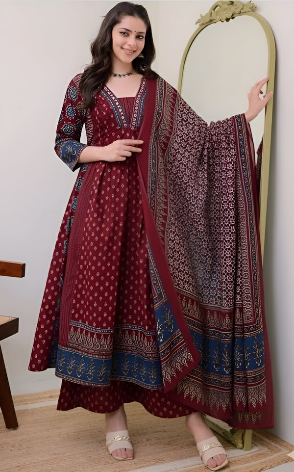 Floral Printed Square Neck Anarkali Kurta With Palazzos & Dupatta