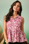 Sangria (Floral Printed Shirt Collar Sleeveless Cotton Peplum Top)