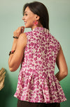 Sangria (Floral Printed Shirt Collar Sleeveless Cotton Peplum Top)