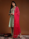 Aqua V - neckline A - Line Kurta Set with Lace Embroidery & Dupatta - Mahukaa