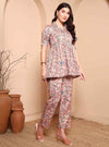 Beige Floral A - Line Co - ord Set with Notch Collar - Mahukaa