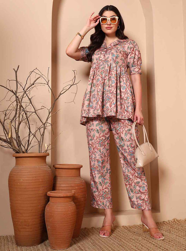 Beige Floral A - Line Co - ord Set with Notch Collar - Mahukaa