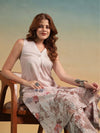Beige Floral Placement Print A - Line Kurta Set with Round V - Neck - Mahukaa