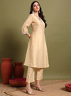 Beige V - neckline Anarkali Set with Lace Embroidery & Dupatta - Mahukaa