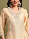 Beige V - neckline Anarkali Set with Lace Embroidery & Dupatta - Mahukaa