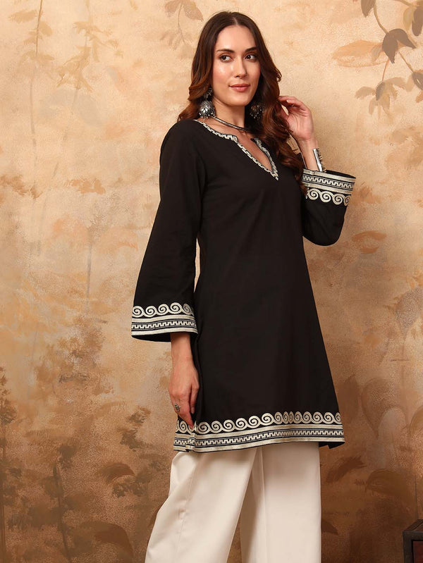 Black Embroidered A - Line Mini Flared Dress - Mahukaa