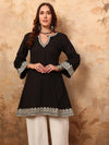 Black Embroidered A - Line Mini Flared Dress - Mahukaa