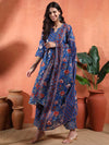 Blue Floral Anarkali Set with Round Neck - Mahukaa