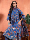 Blue Floral Anarkali Set with Round Neck - Mahukaa