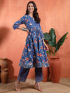Blue Floral Anarkali Set with Round Neck - Mahukaa