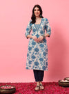 Blue Floral V - Neck Straight Kurta with Screen Print - Mahukaa