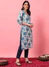 Blue Floral V - Neck Straight Kurta with Screen Print - Mahukaa