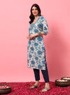Blue Floral V - Neck Straight Kurta with Screen Print - Mahukaa