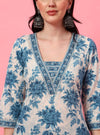 Blue Floral V - Neck Straight Kurta with Screen Print - Mahukaa