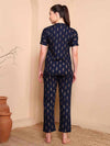 Blue & Gold Foil Print Night Suit with Mandarin Collar - Mahukaa