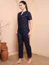 Blue & Gold Foil Print Night Suit with Mandarin Collar - Mahukaa