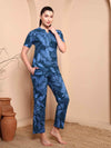 Blue Pure Cotton Floral Night Suit with Mandarin Collar - Mahukaa