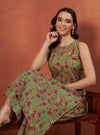 Green Floral A - Line Kurta Set with Halter Neck and Screen Print Detailing - Mahukaa