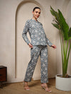 Grey Pure Cotton Floral Night Suit with Mandarin Collar - Mahukaa