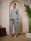 Grey Pure Cotton Floral Night Suit with Mandarin Collar - Mahukaa