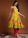 Lime green floral printed anarkali set with dupatta - Mahukaa