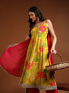 Lime green floral printed anarkali set with dupatta - Mahukaa
