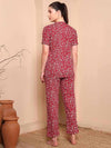 Maroon Floral Cotton Night Suit with Mandarin Collar - Mahukaa