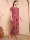 Maroon Floral Cotton Night Suit with Mandarin Collar - Mahukaa