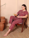 Maroon Floral Cotton Night Suit with Mandarin Collar - Mahukaa