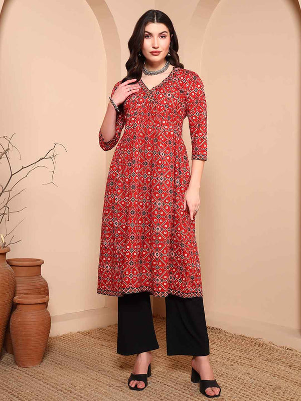 Maroon Pure Cotton Patola Print Angrakha Kurta - Mahukaa