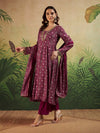 Maroon Square V - Neck Anarkali Set with Lace Embroidery & Dupatta - Mahukaa