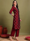 Maroon V - neckline Kurta Set With Embrodiry Detaling & Dupatta - Mahukaa