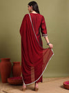Maroon V - neckline Kurta Set With Embrodiry Detaling & Dupatta - Mahukaa
