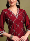 Maroon V - neckline Kurta Set With Embrodiry Detaling & Dupatta - Mahukaa