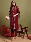 Maroon V - neckline Kurta Set With Embrodiry Detaling & Dupatta - Mahukaa