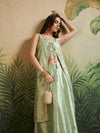 Mint Green Embroidered Fusion Set with Sleeveless Jacket & Strap Blouse - Mahukaa