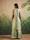 Mint Green Embroidered Fusion Set with Sleeveless Jacket & Strap Blouse - Mahukaa