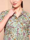 Mint Green Floral Cotton Night Suit with Notch Collar - Mahukaa