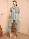 Mint Green Floral Cotton Night Suit with Notch Collar - Mahukaa