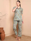 Mint Green Floral Cotton Night Suit with Notch Collar - Mahukaa