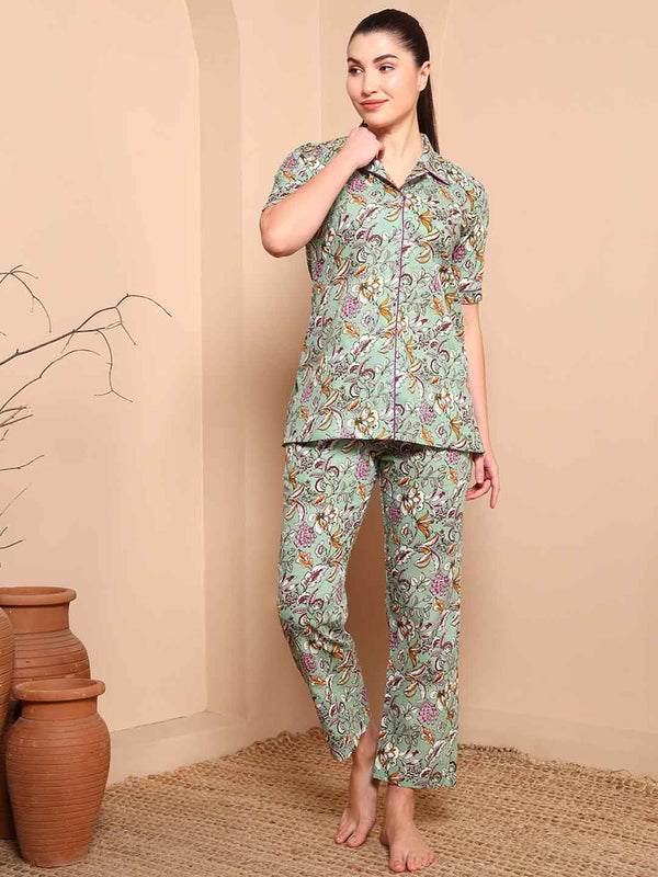 Mint Green Floral Cotton Night Suit with Notch Collar - Mahukaa