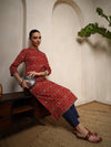 Multi - Color Ajrakh Print Cotton Kurta with Mandarin Collar - Mahukaa