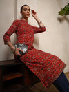 Multi - Color Ajrakh Print Cotton Kurta with Mandarin Collar - Mahukaa