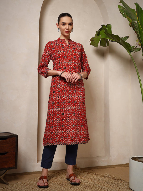 Mahukaa traditional Ajrakh printed cotton kurta in multi-color with mandarin neckline