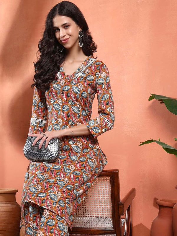 Mustard Floral V - Neck Straight Kurta Set - Mahukaa