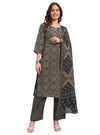 Navy Blue Ajrak Print Straight Kurta Set with Round Neck - Mahukaa