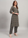 Navy Blue Ajrak Print Straight Kurta Set with Round Neck - Mahukaa