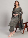 Navy Blue Ajrak Print Straight Kurta Set with Round Neck - Mahukaa