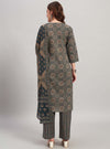 Navy Blue Ajrak Print Straight Kurta Set with Round Neck - Mahukaa