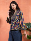 Navy Blue Flared Floral A - line Tunic with Mandarin Collar - Mahukaa